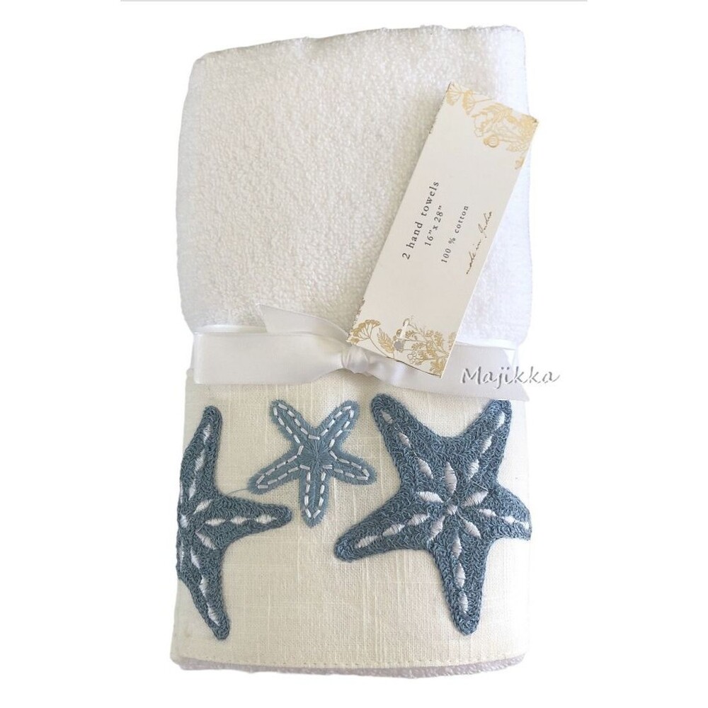 Nantucket Blue Starfish Hand Towels Set of 2 Embroidered Bathroom Summer Beach